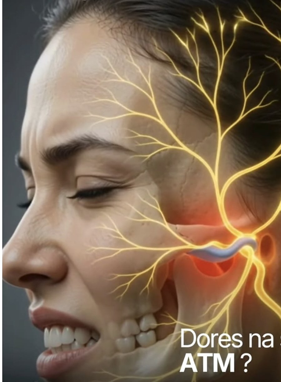 Ilustração da articulação temporomandibular e dos nervos da face, com dor assinalada
