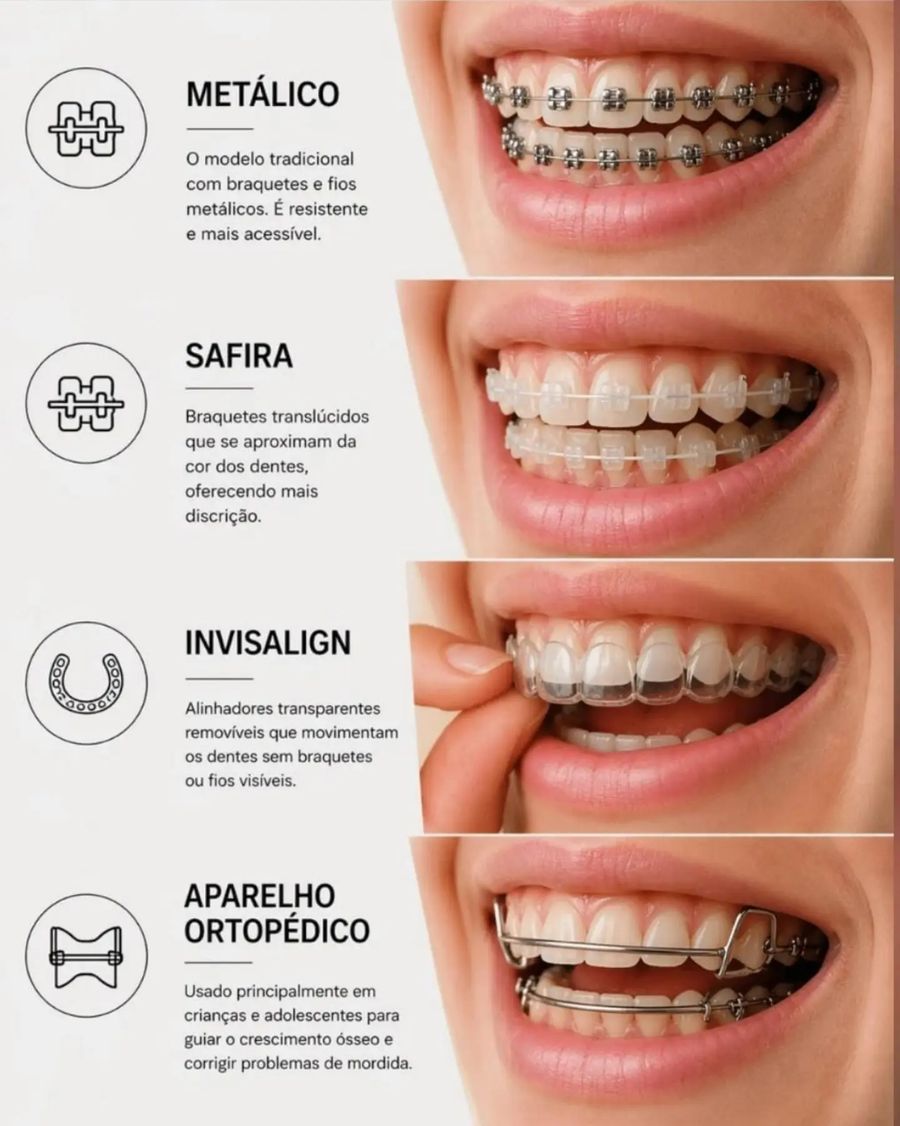 Comparação entre aparelho metálico, de safira, alinhadores transparentes e aparelho ortopédico